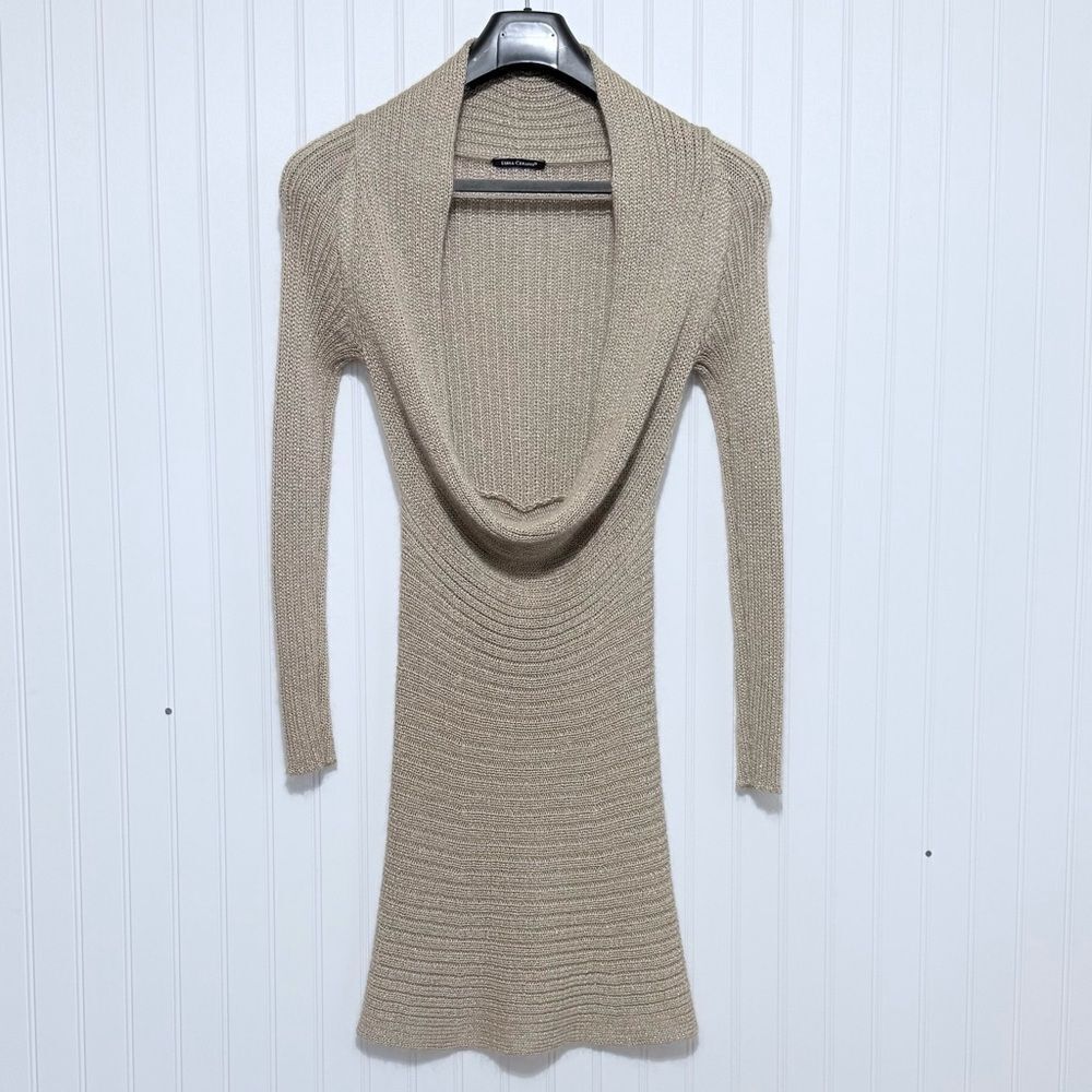 Luisa Cerano Knit Gold Beige Plunge Front MIDI Dress Size US 6